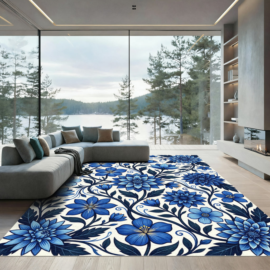 Intricate Navy Blue Botanical Floral Vine Rug