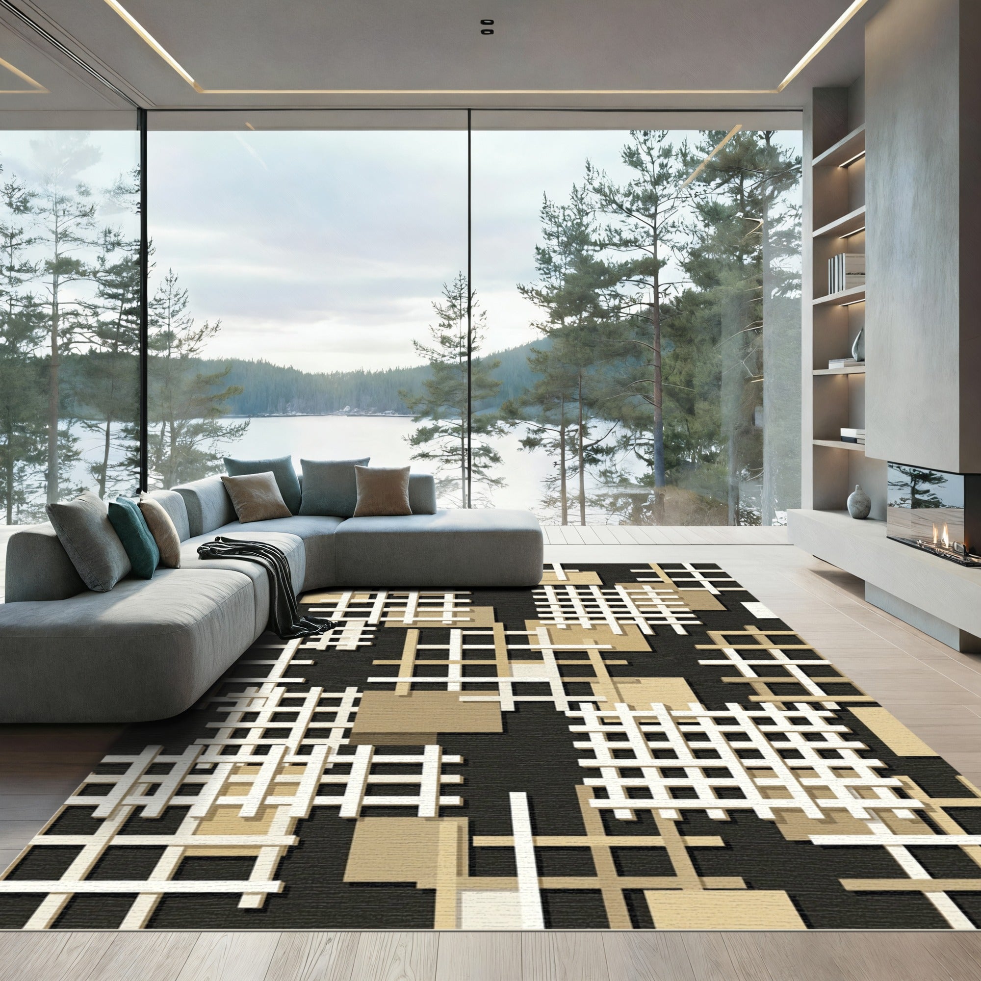 Modern Beige Grid Overlay Rug