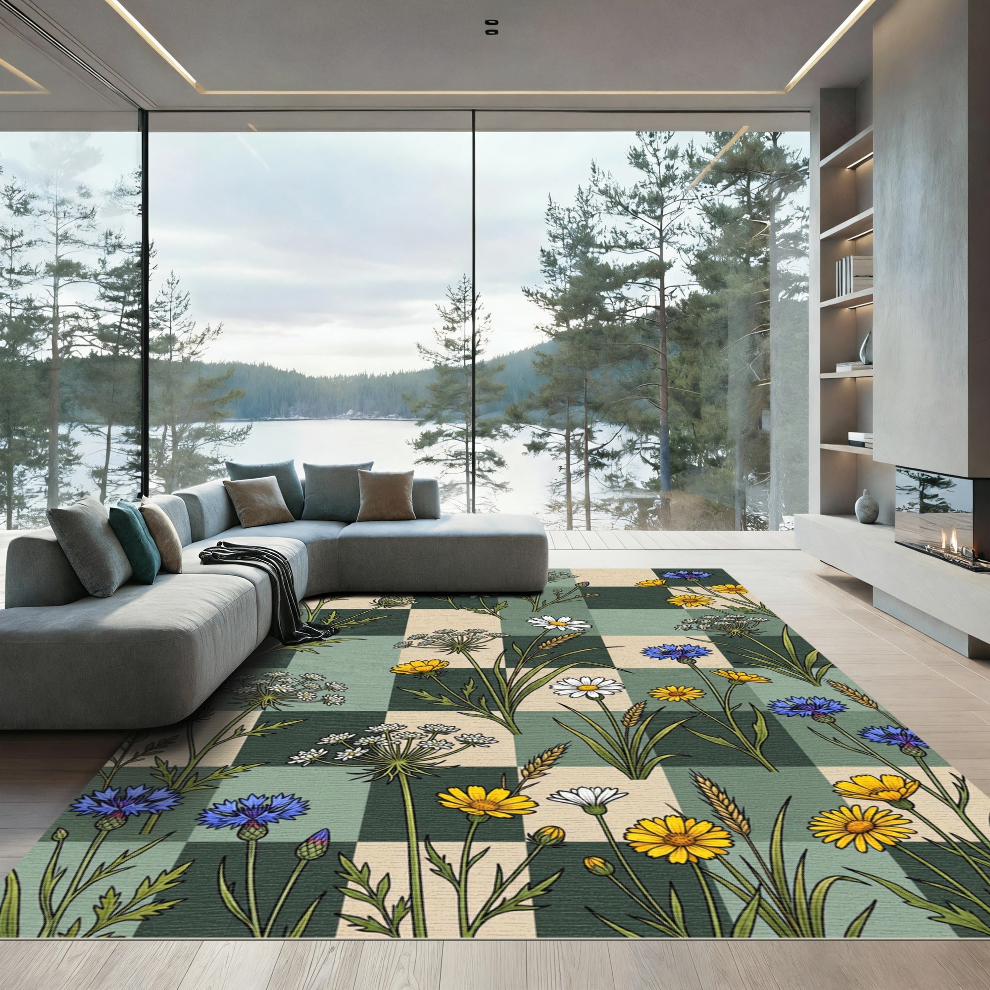 Field Flowers Checkerboard Botanical Composition Rug