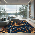 Rustic Navy Axe and Firewood Illustration Rug