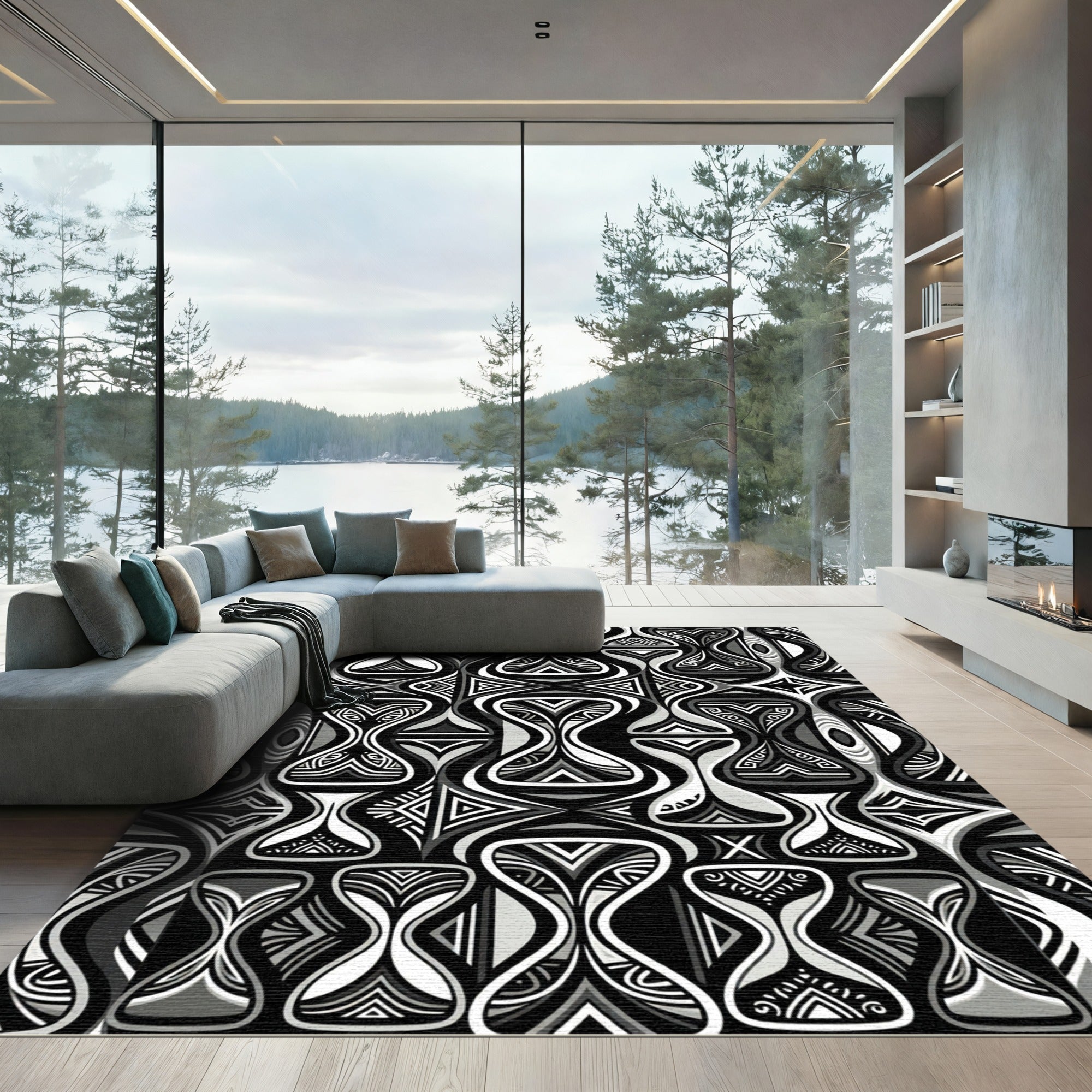 Monochromatic Abstract Hourglass Geometric Tile Rug