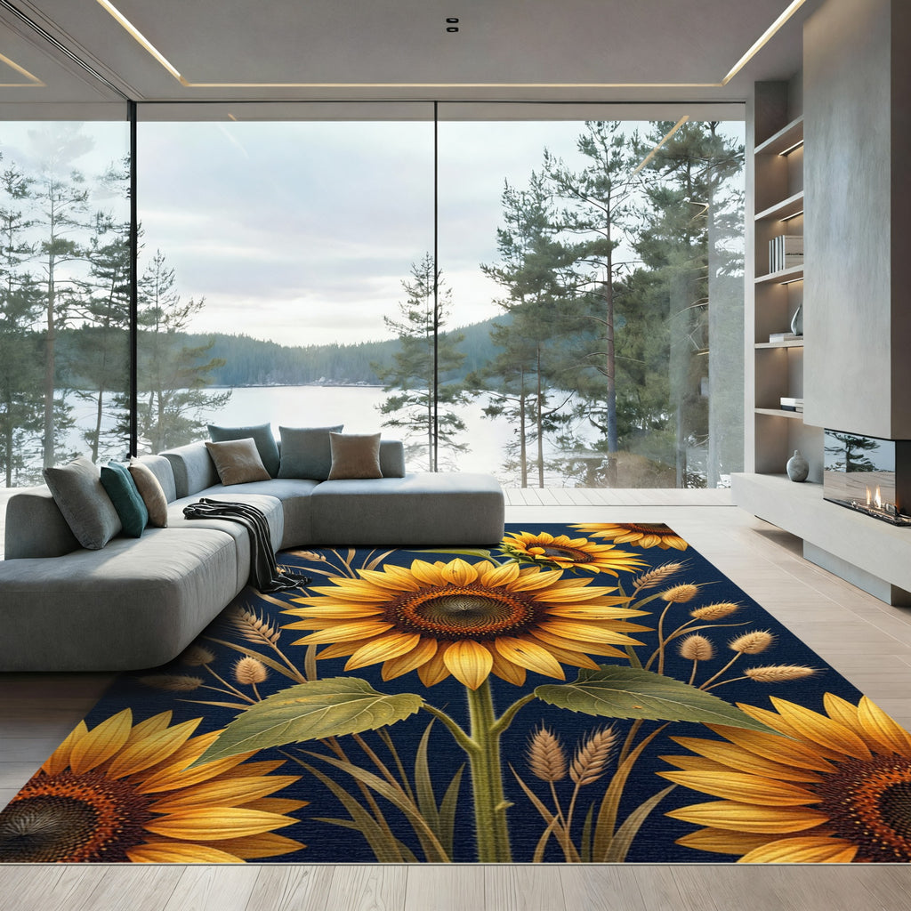 Golden Sunflower Wheat Navy Composition Rug