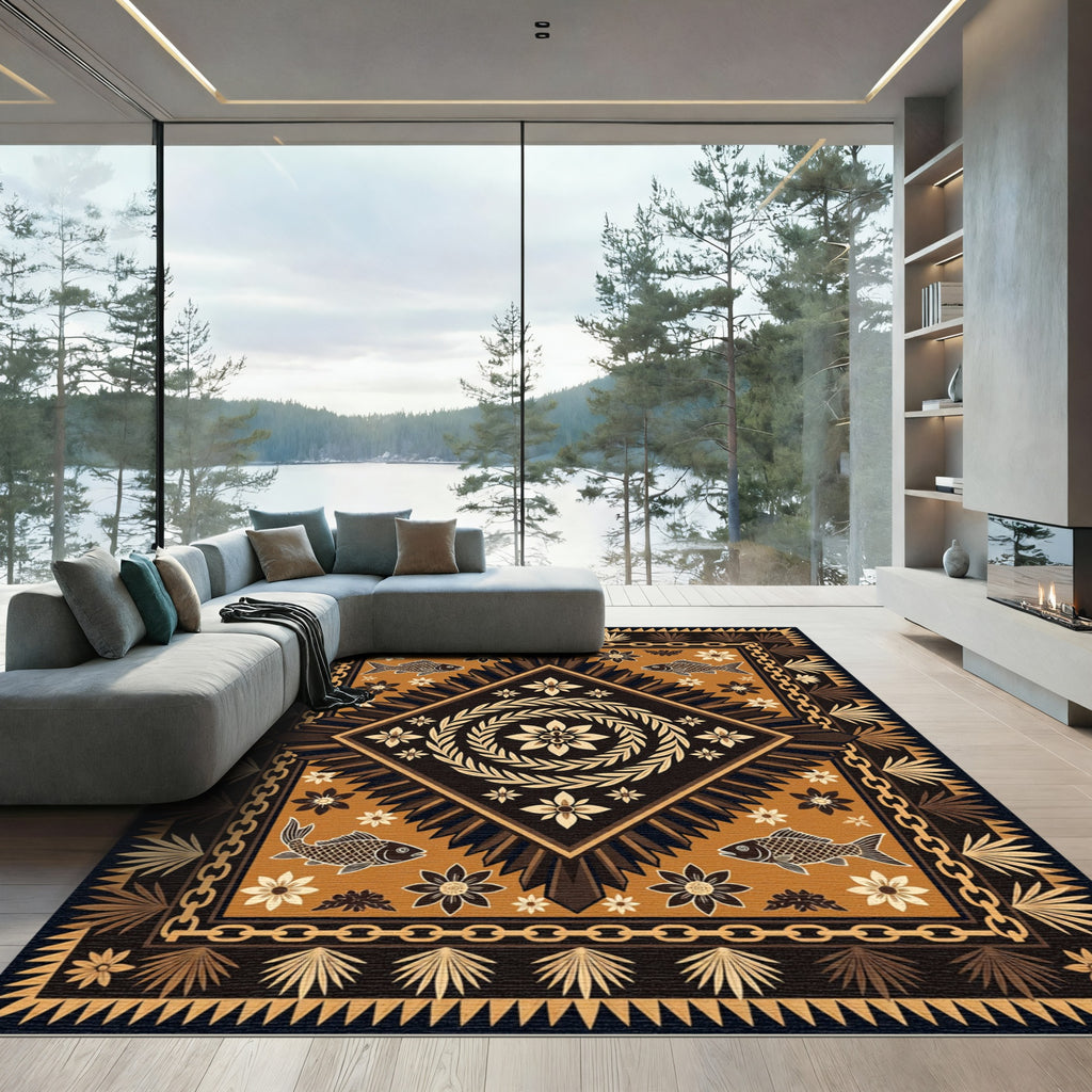 Geometric Earth Brown Fish Medallion Rug