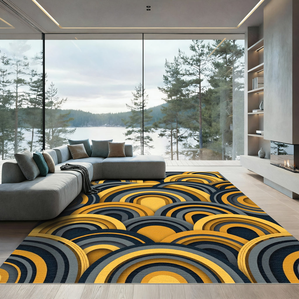 Layered Yellow Gray Arch Composition Rug