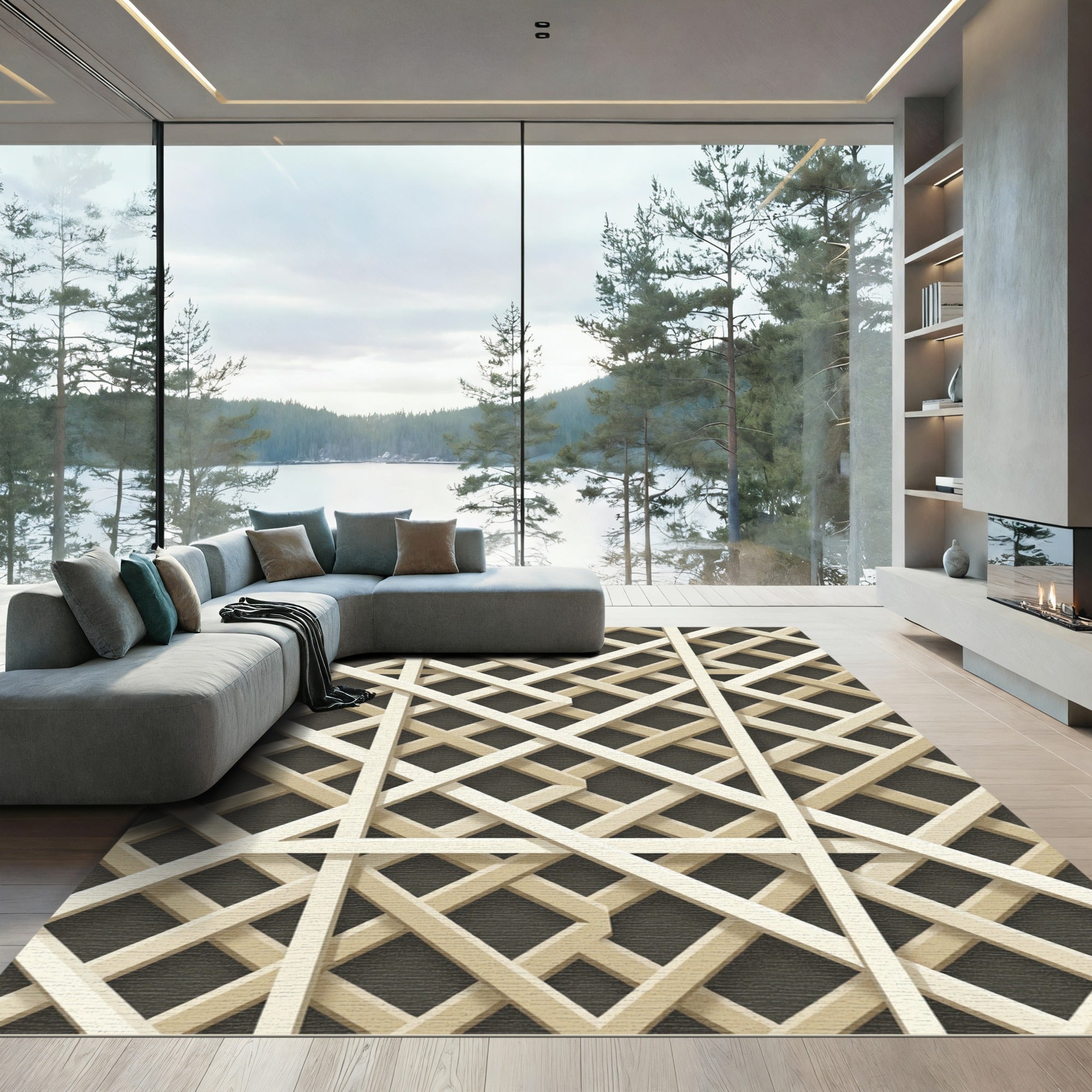 Sophisticated Neutral Geometric Interwoven Lattice Rug