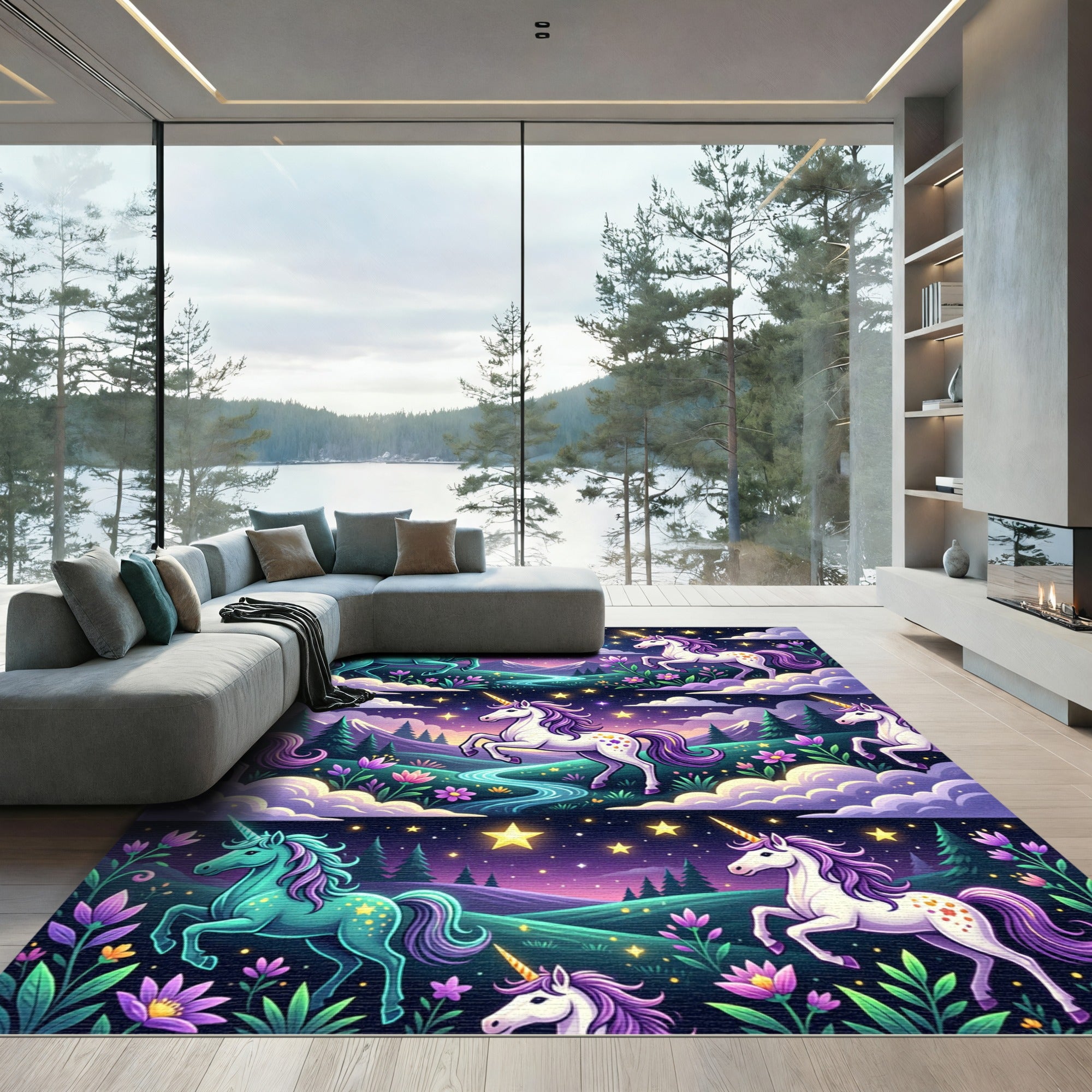 Whimsical Pastel Unicorn Starry Nightscape Rug
