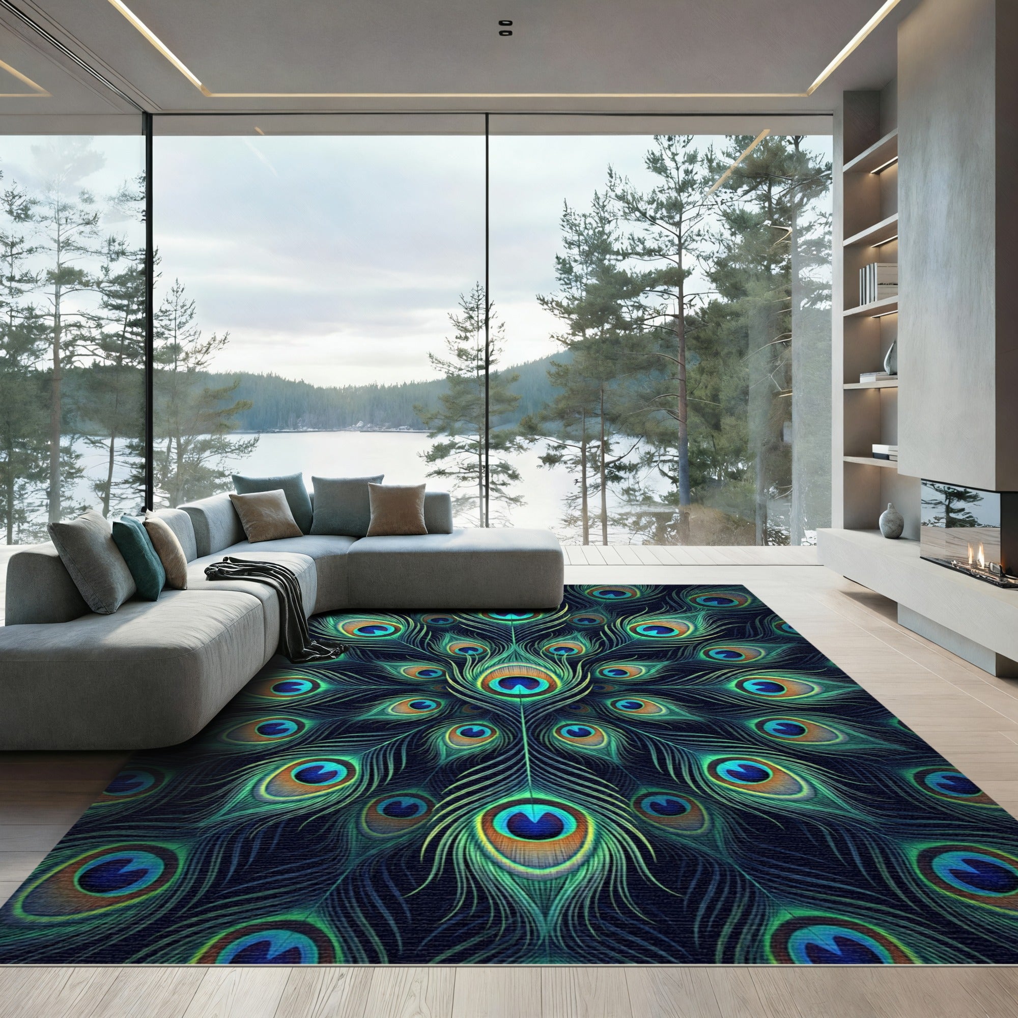 Vibrant Teal Peacock Feather Medallion Rug