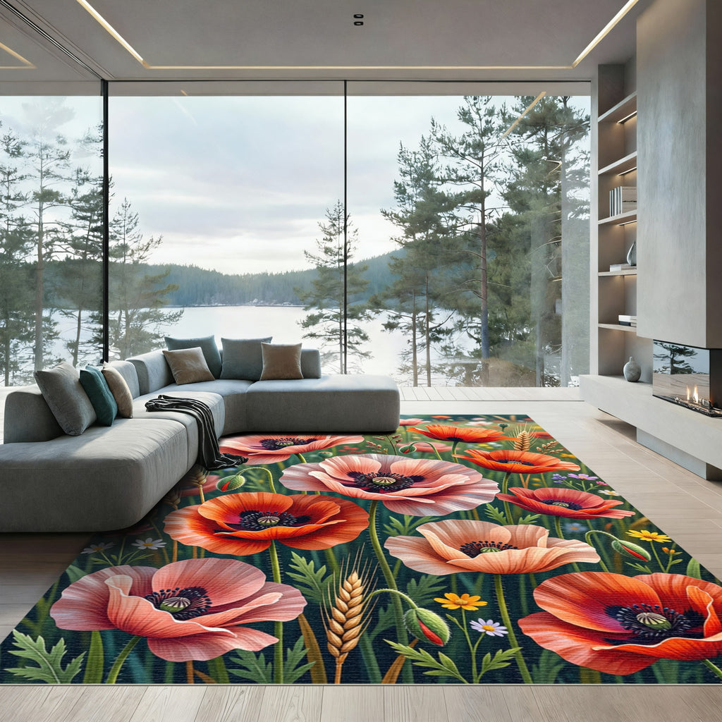Vibrant Poppy Wildflower Meadow Fields Rug