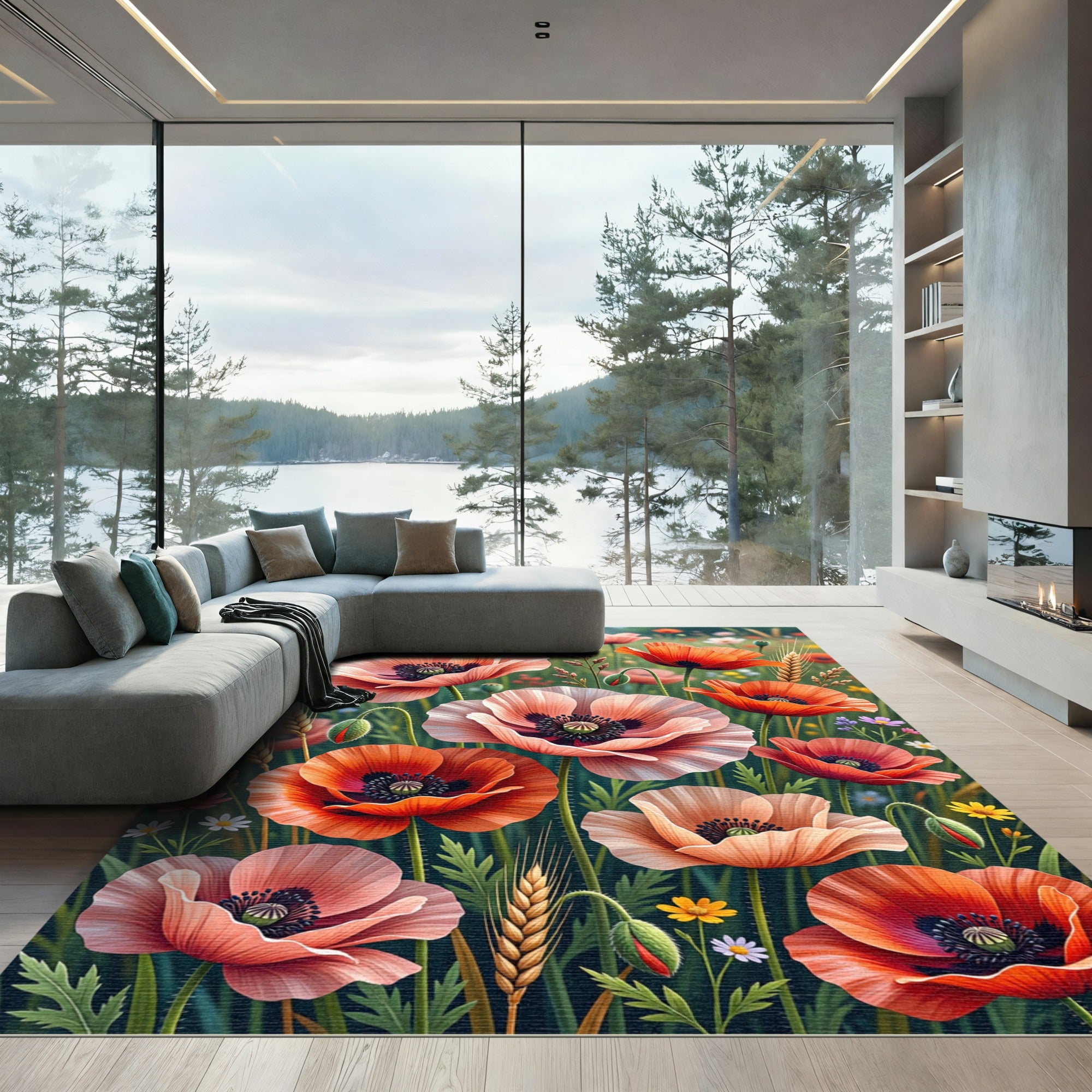 Vibrant Poppy Wildflower Meadow Fields Rug