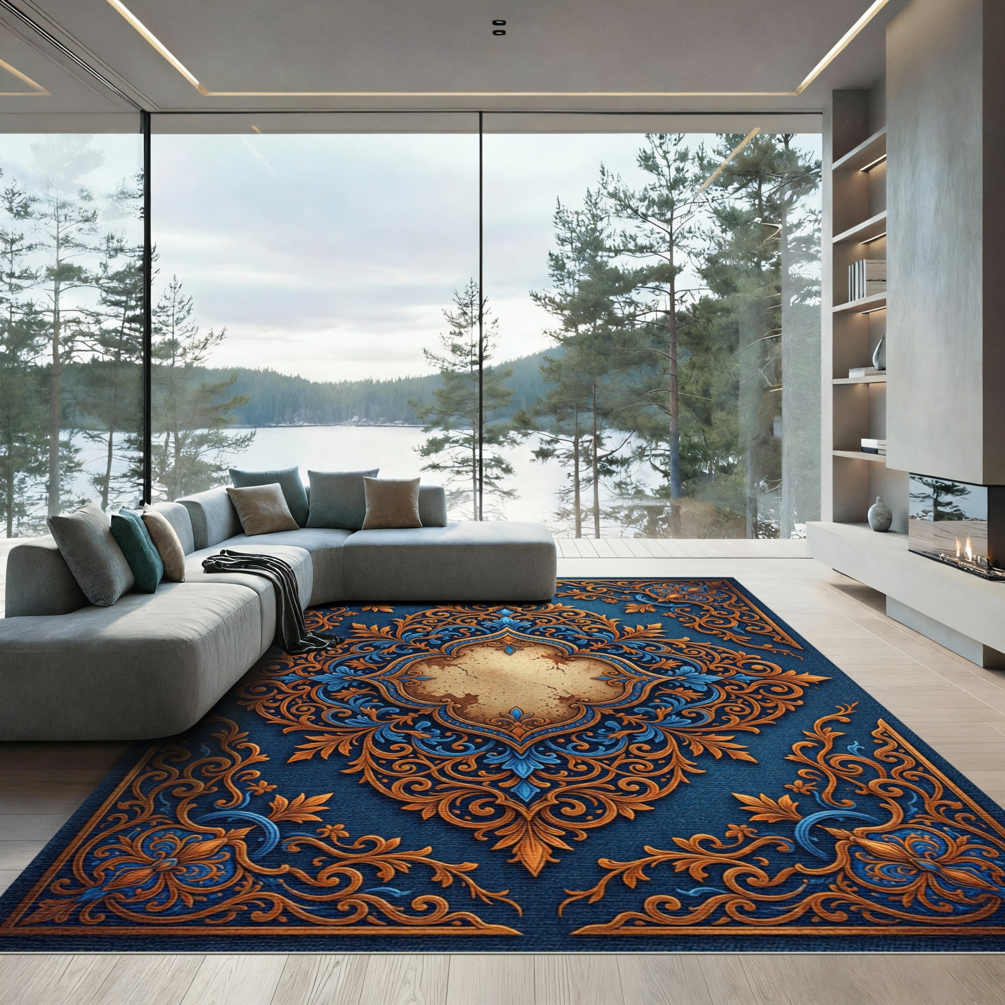 Intricate Royal Blue Golden Scrollwork Rug
