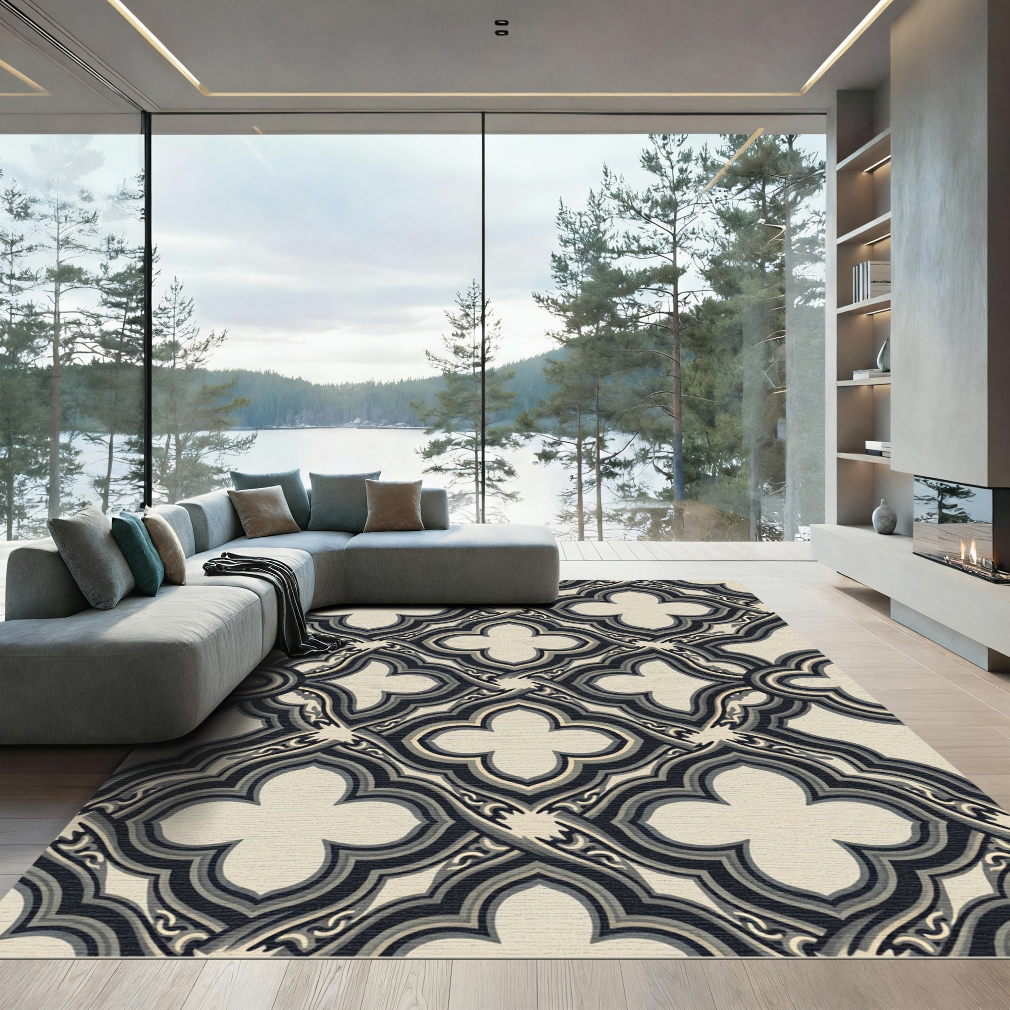 Monochrome Quatrefoil Interlocking Geometric Tile Rug