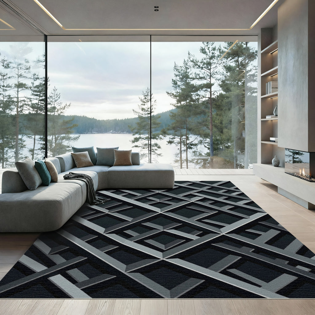 Dark Slate Geometric Intersecting Grid Rug