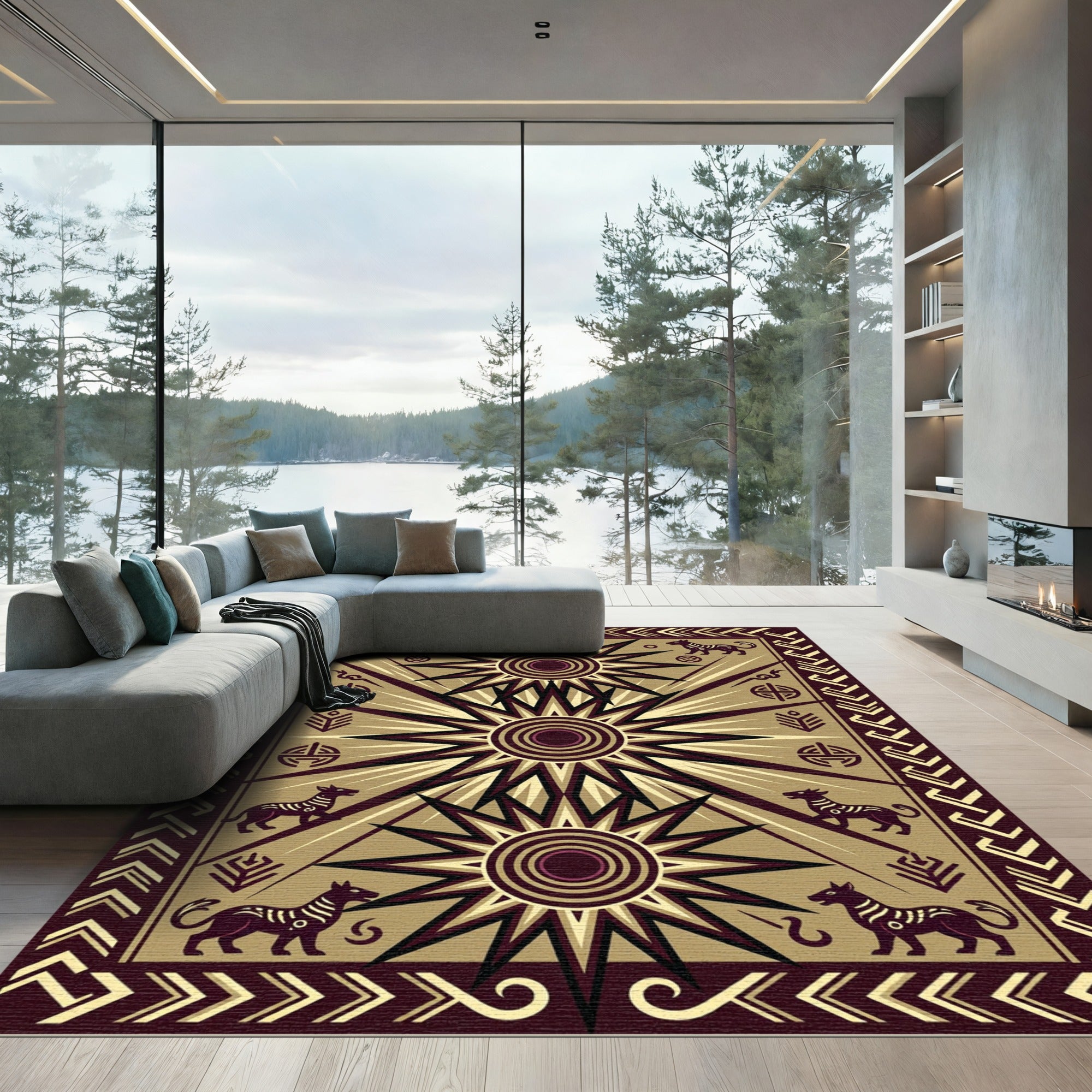 Ancient Black Starburst Dog Motif Rug