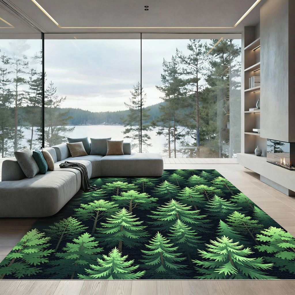 Lush Emerald Coniferous Forestscape Rug