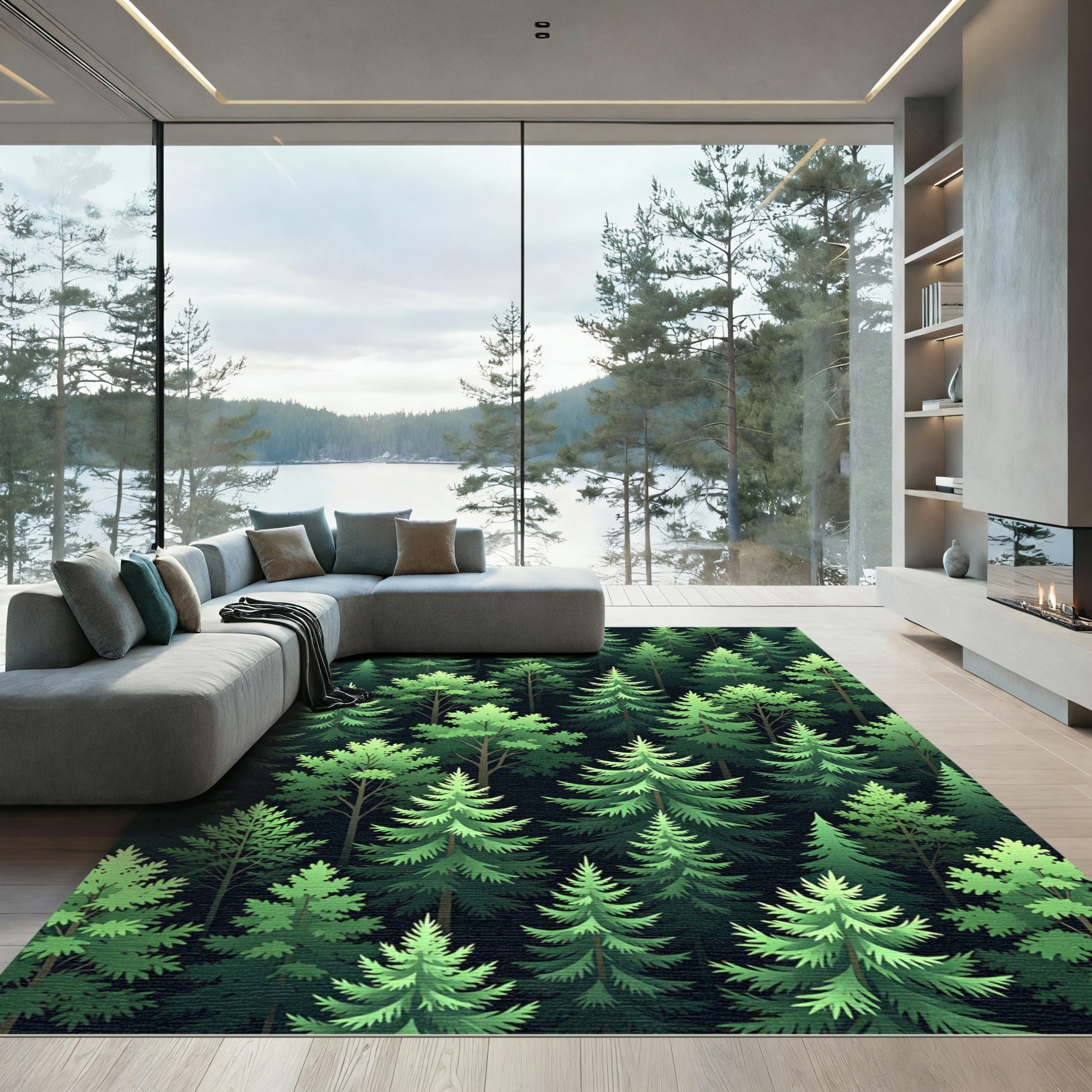 Lush Emerald Coniferous Forestscape Rug