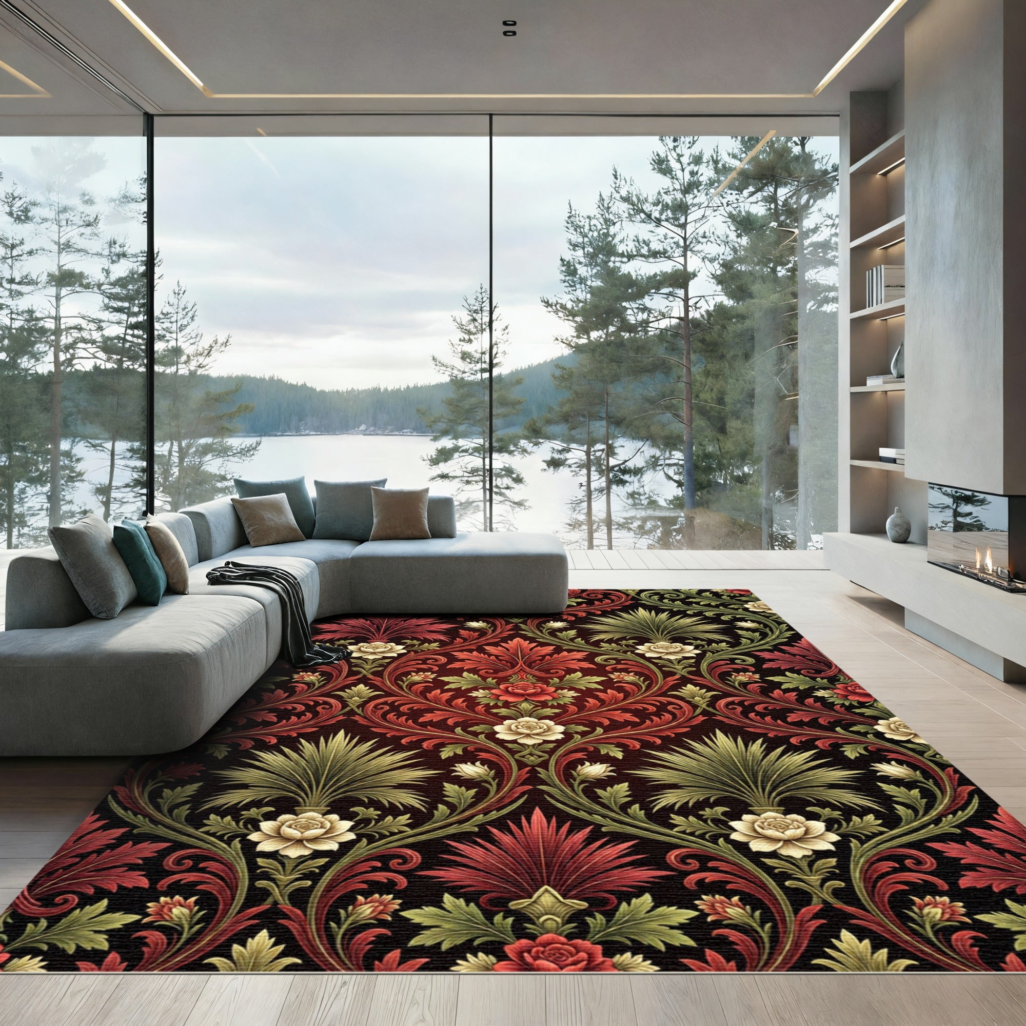 Crimson Gold Floral Vine Scroll Rug