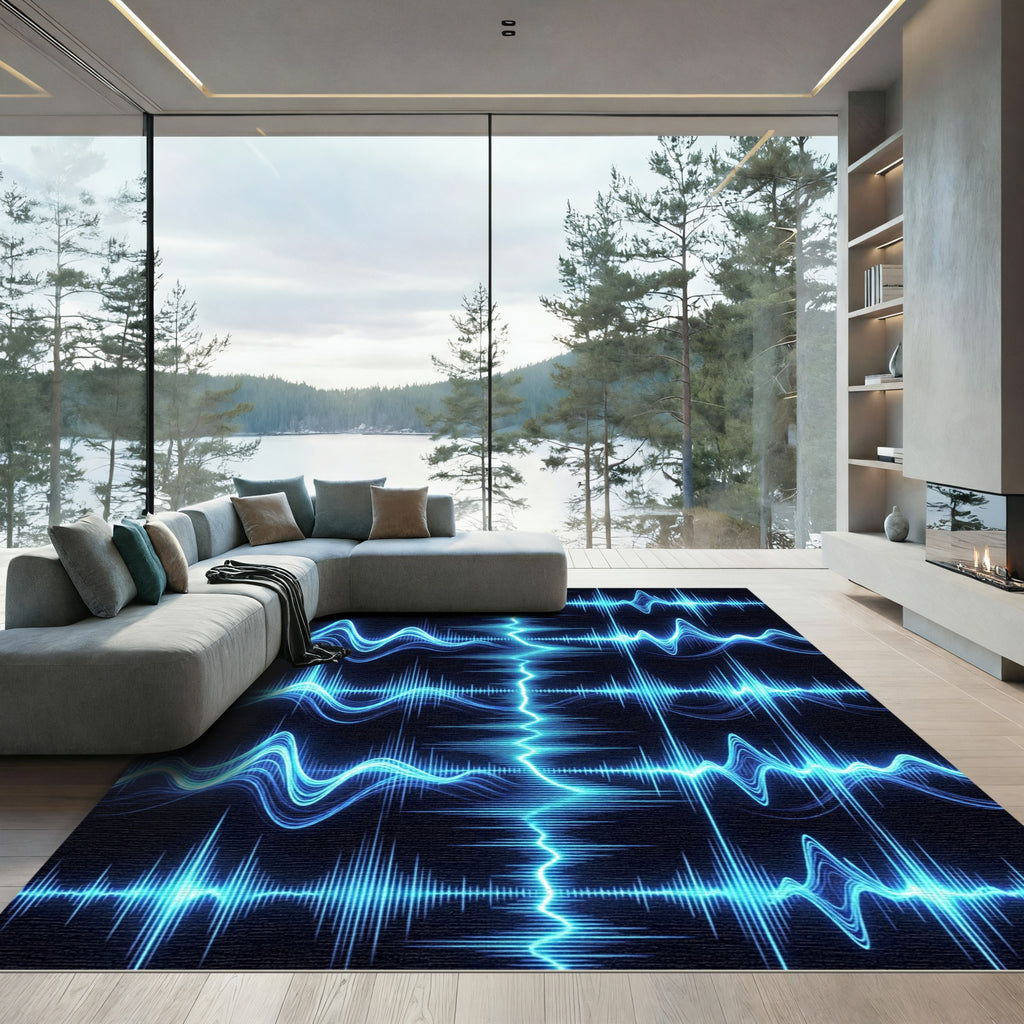 Electric Blue Sound Wave Rhythms Rug