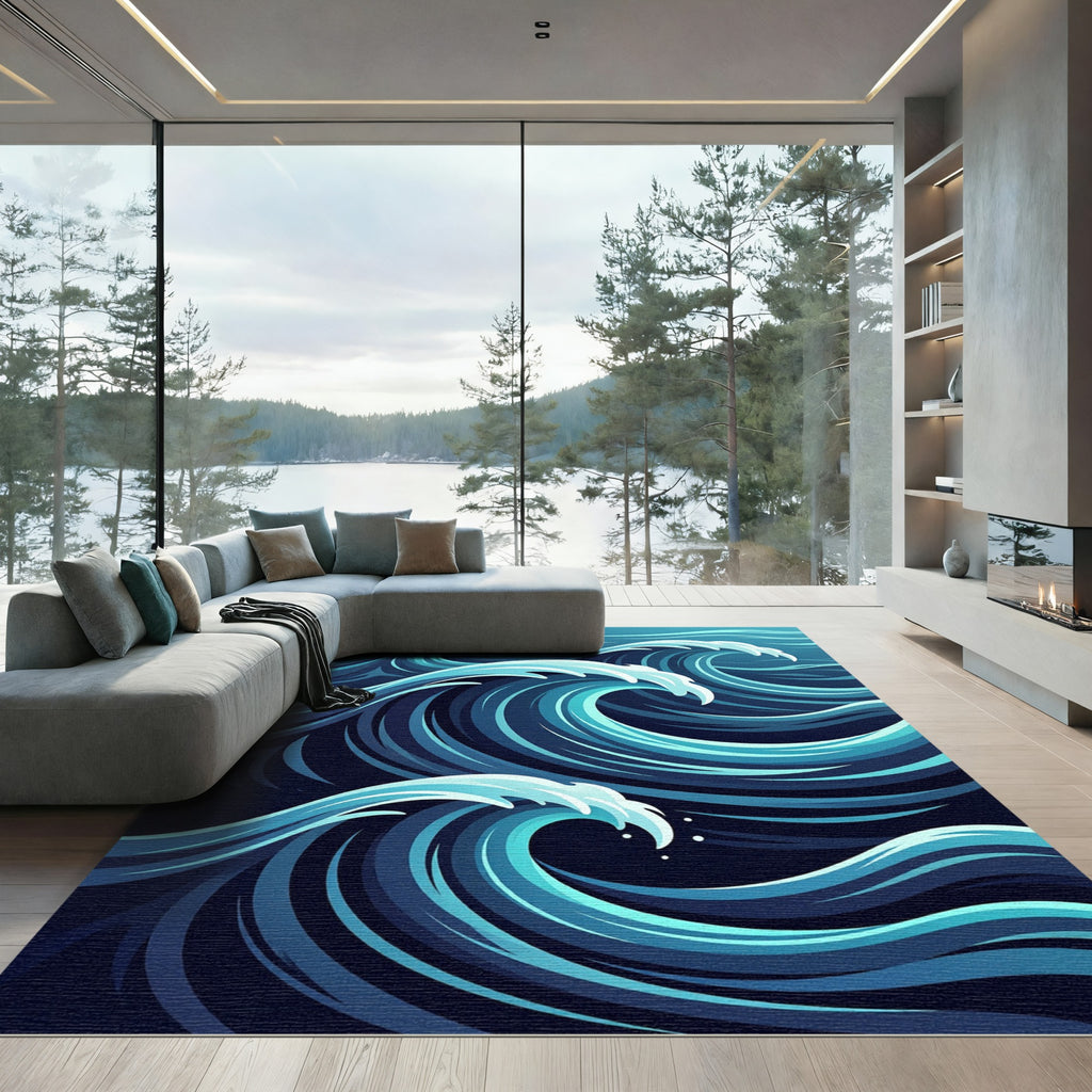 Deep Blue Ocean Wave Composition Rug