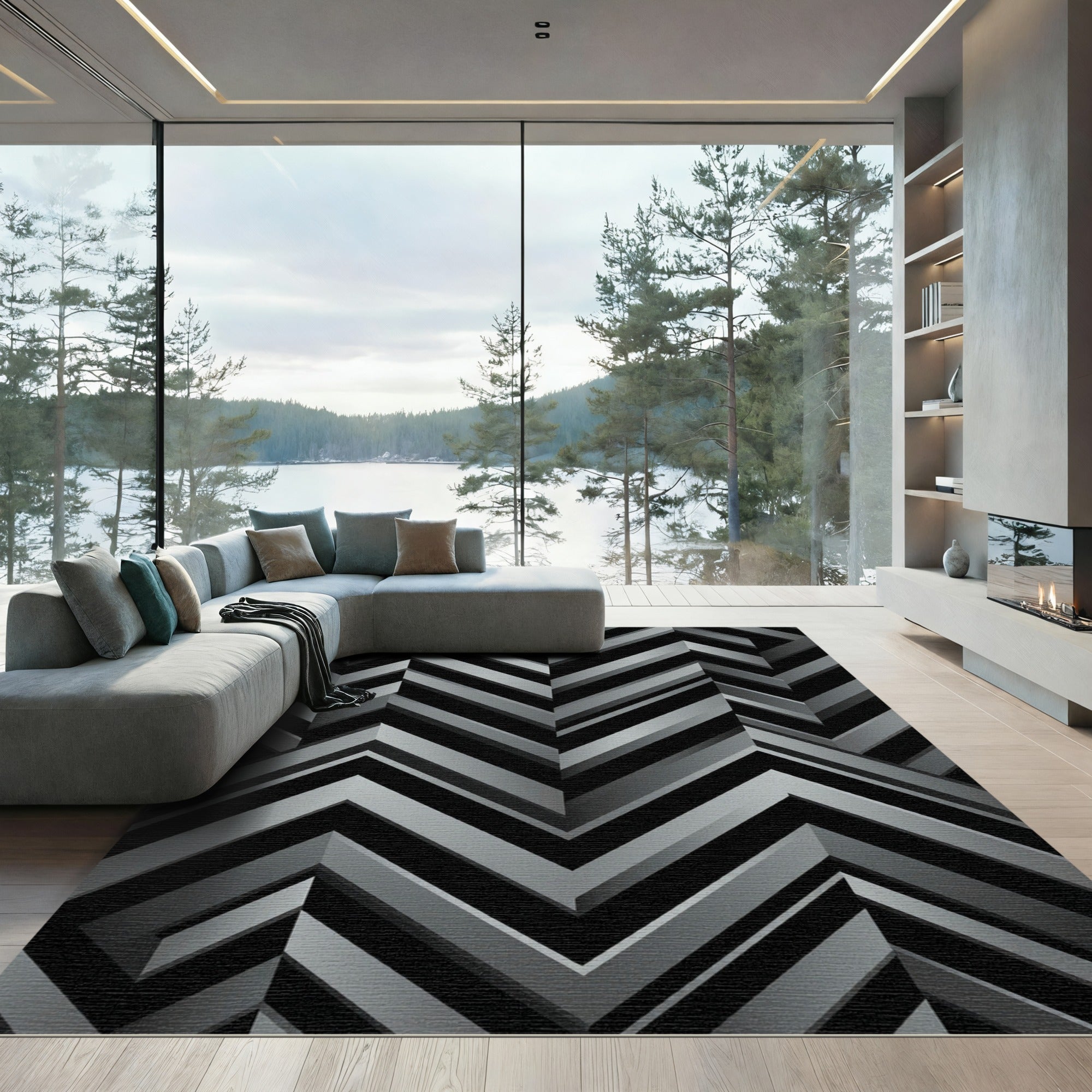 Modern Charcoal Geometric Chevron Angle Rug