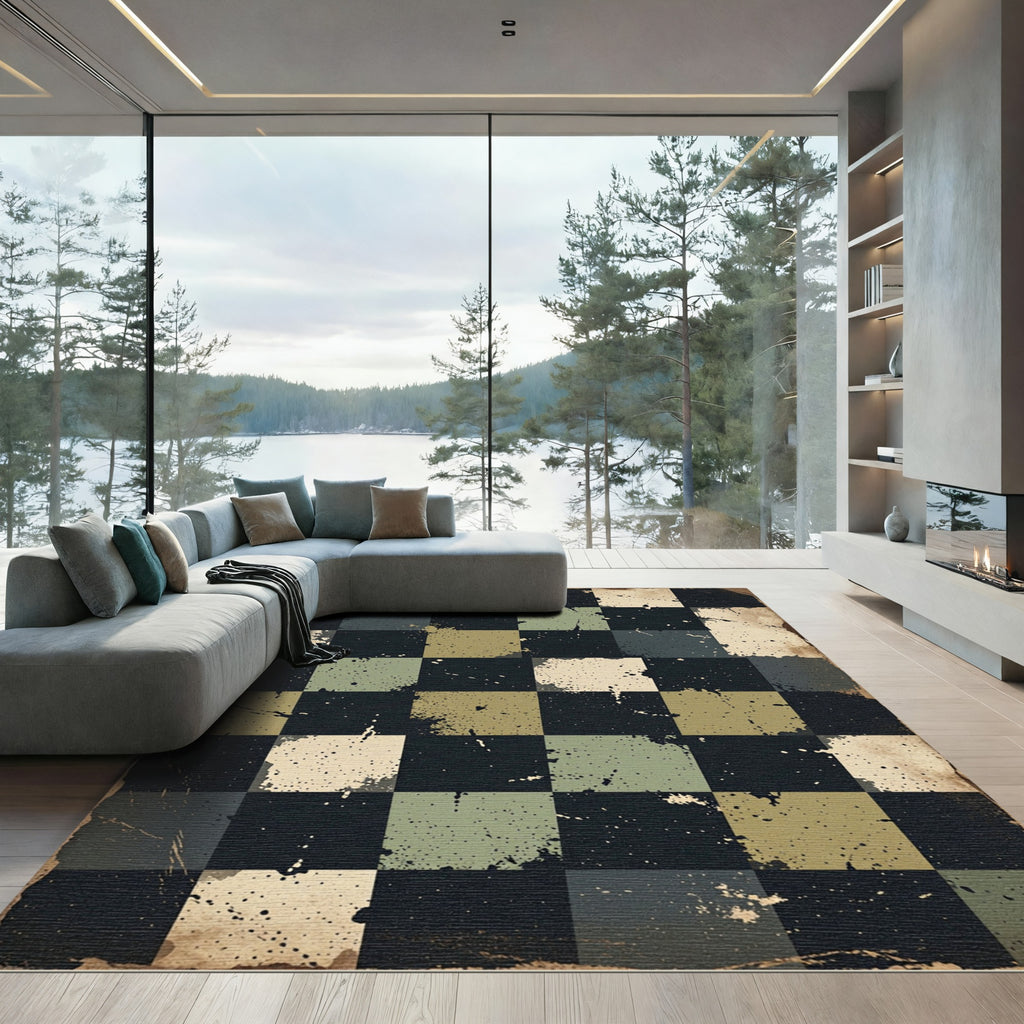 Distressed Sage and Charcoal Checkered Grid Rug