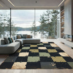 Distressed Sage and Charcoal Checkered Grid Rug