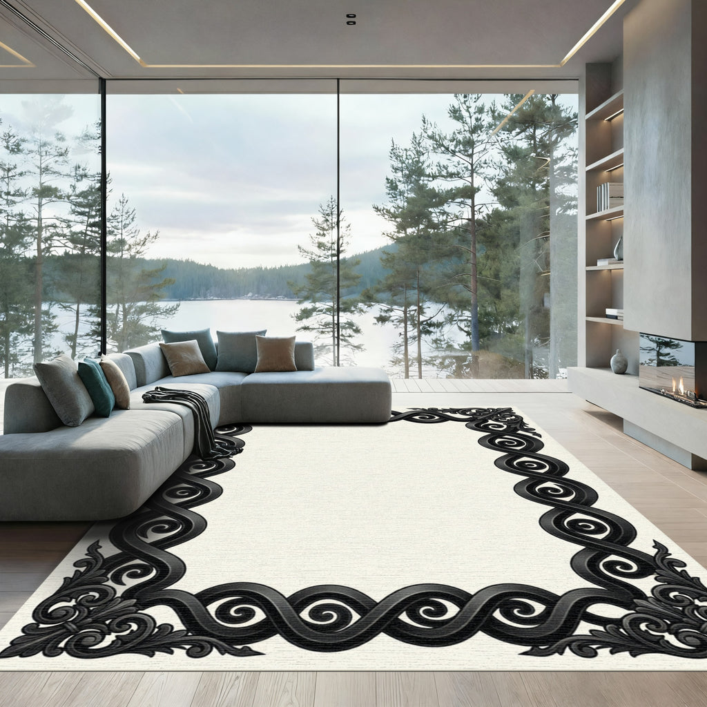 Elegant Black Ornate Scrollwork Frame Rug