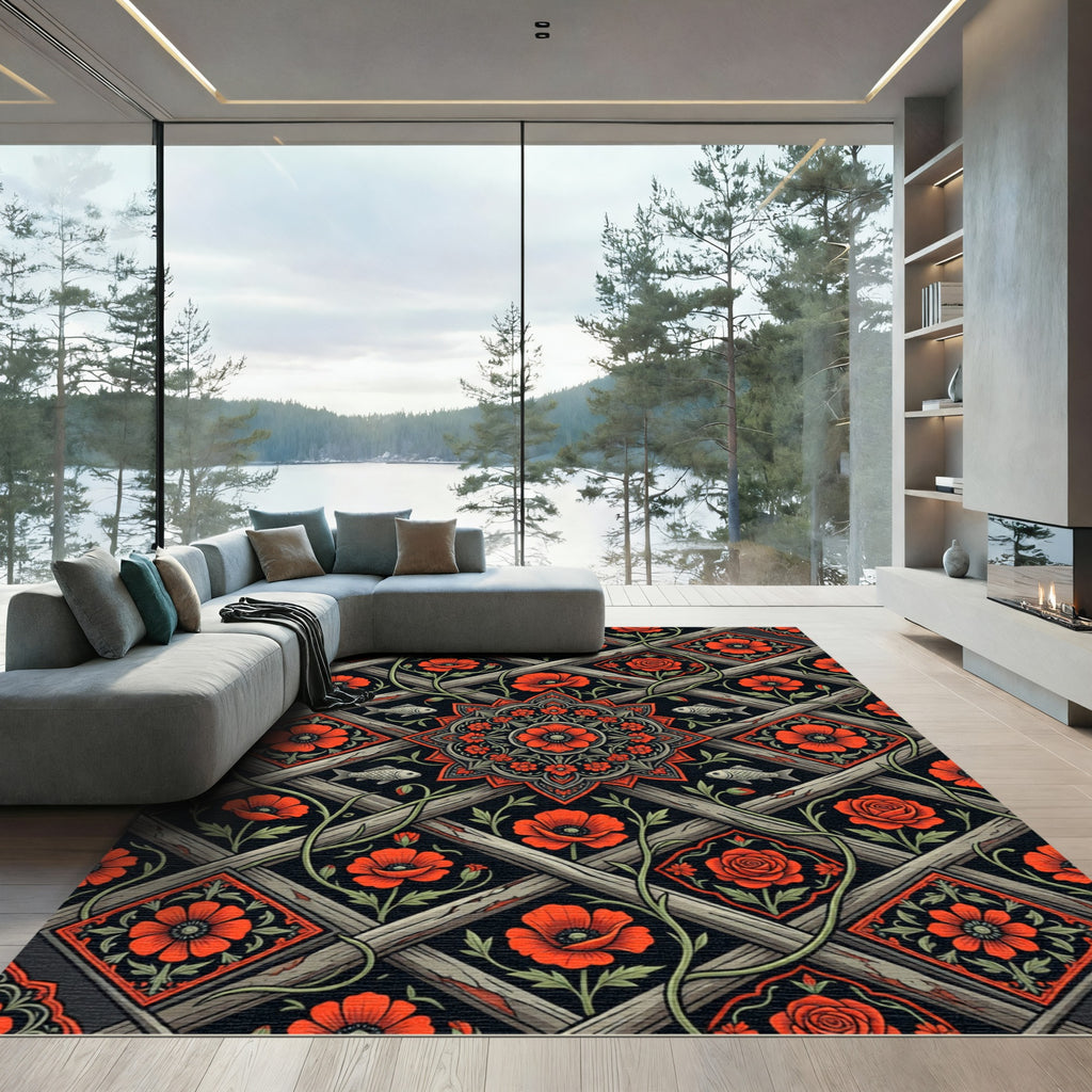 Dark Floral Lattice with Red Blooms Rug