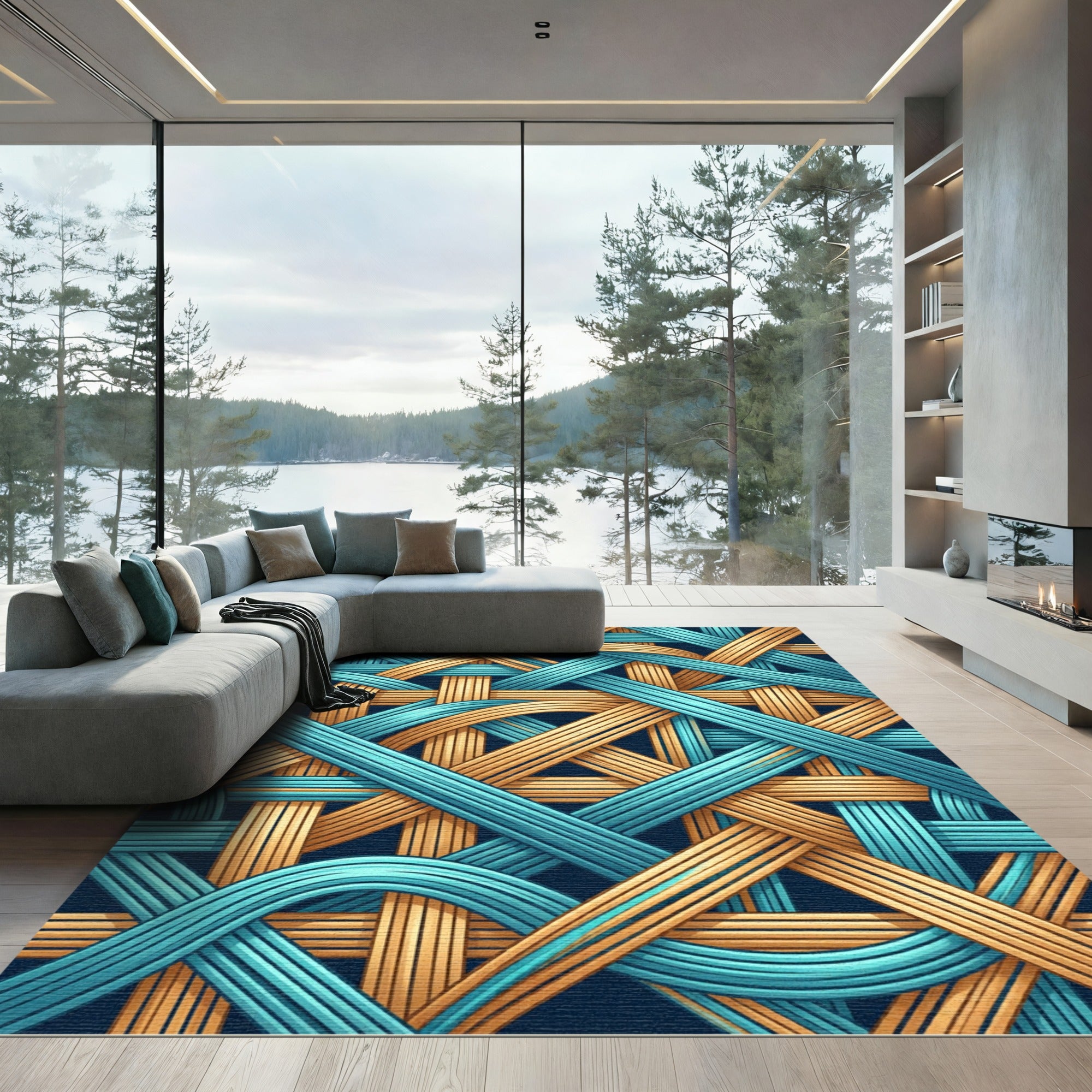 Interwoven Teal and Golden Abstract Weave Rug