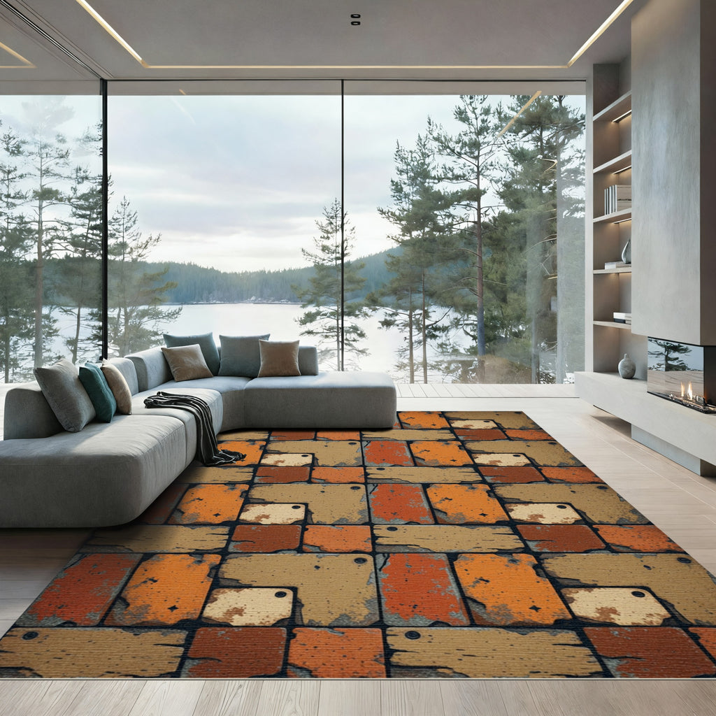 Industrial Geometric Tiled Ochre Brick Rug