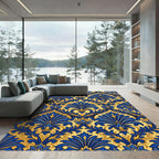 Royal Blue Golden Damask Floral Rug