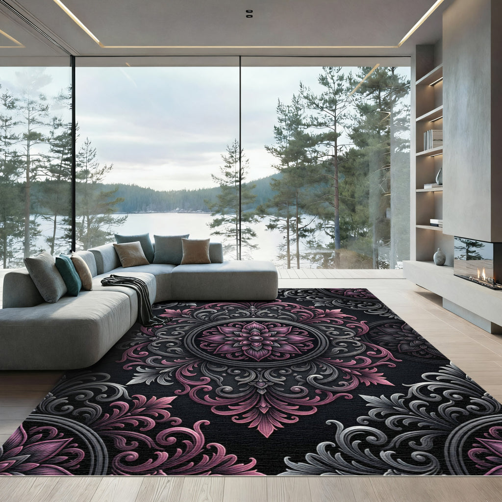 Sophisticated Pink and Gray Floral Medallion Rug