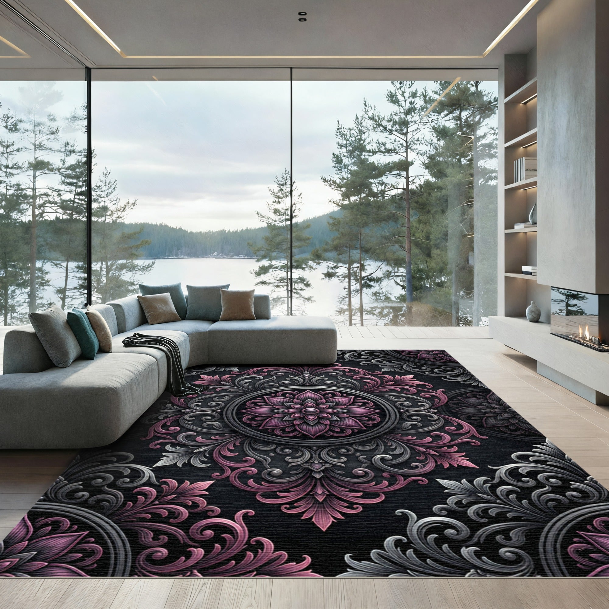 Sophisticated Pink and Gray Floral Medallion Rug