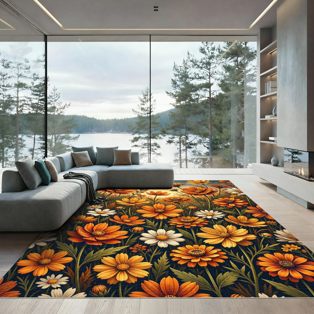 Vibrant Golden Cosmos Floral Meadow Rug