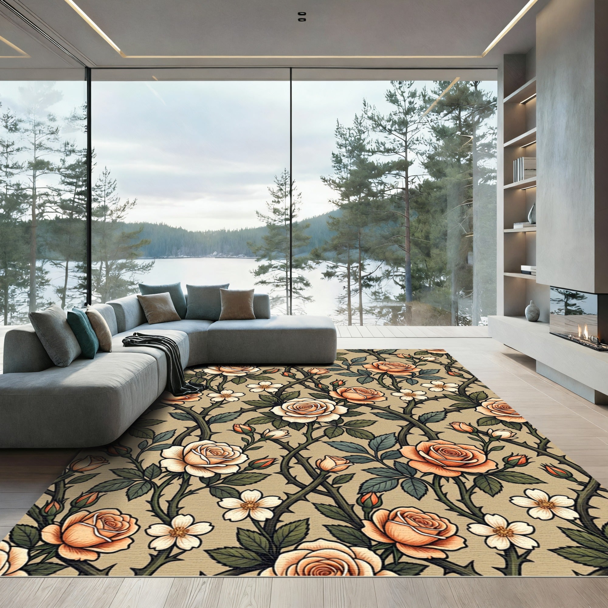 Cream Peach Rose Vine Silhouette Rug