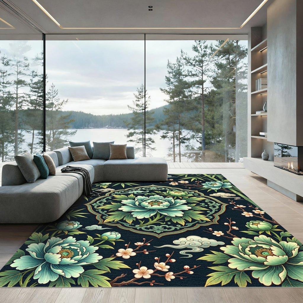 Elegant Teal Peony Bamboo Medallion Rug
