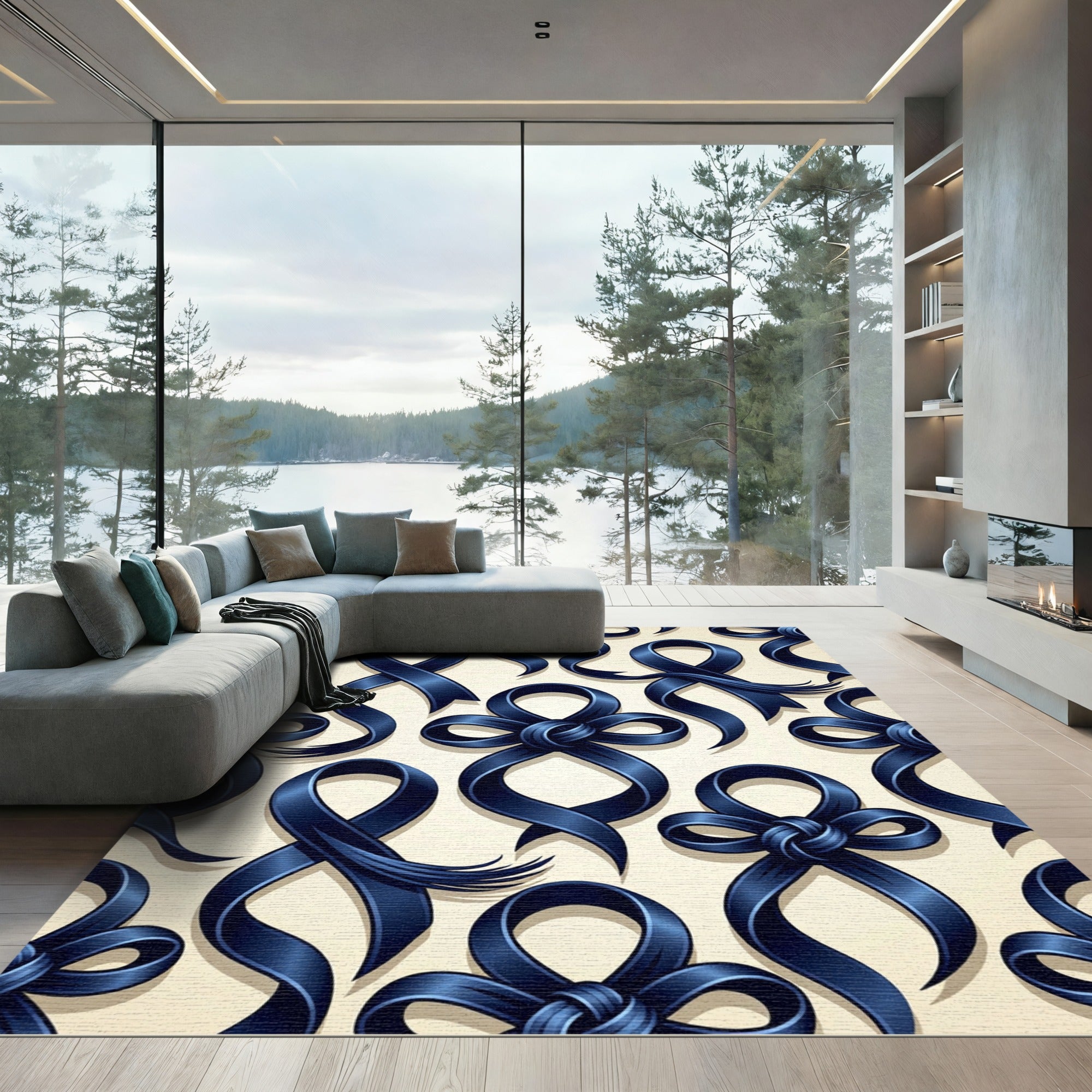 Navy Blue Silk Ribbon Bows Rug