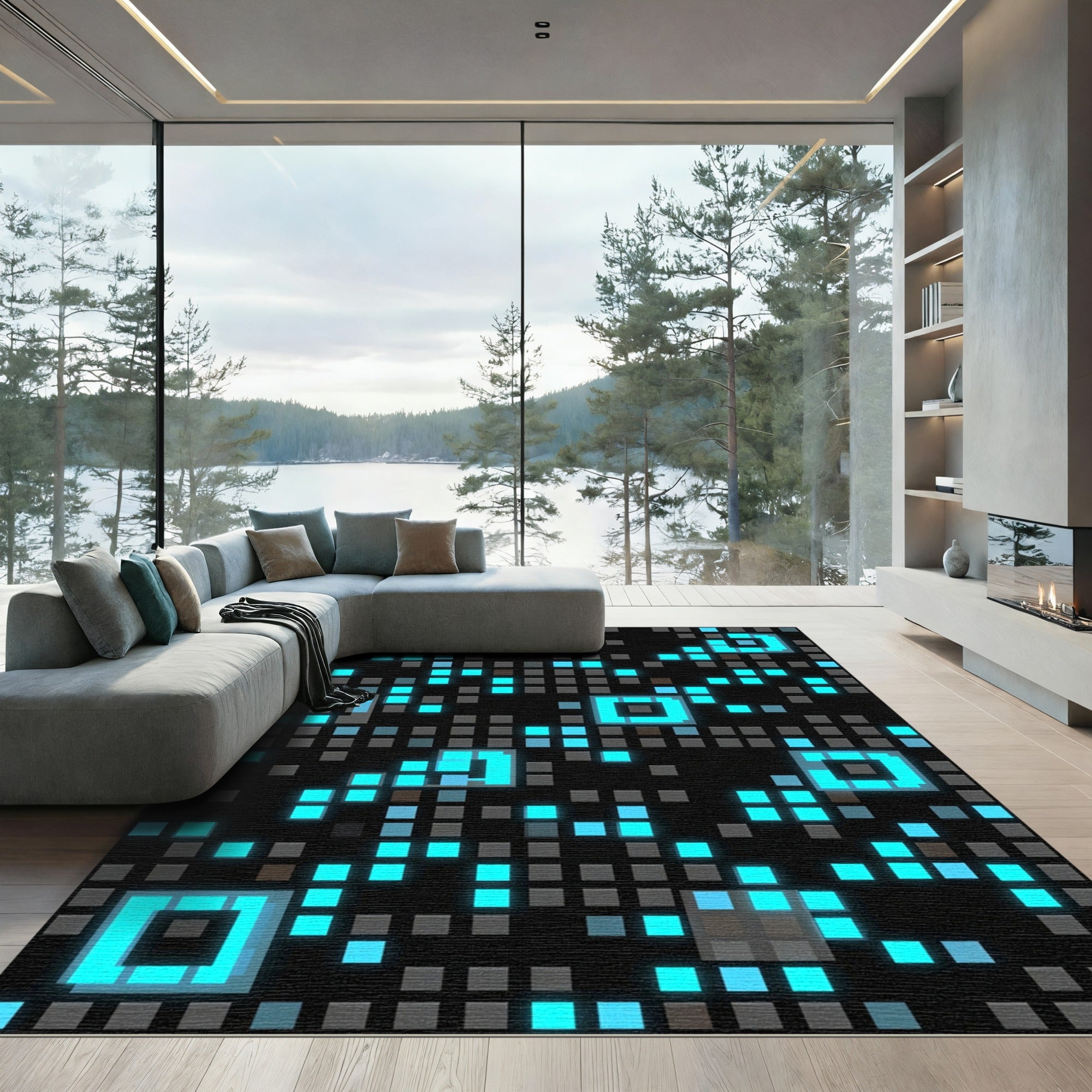 Glowing Neon Pixel Grid Abstract Rug