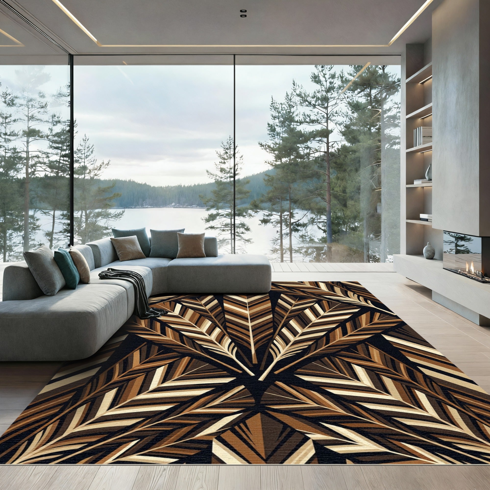 Earthy Brown Feathered Fan Arrangement Rug