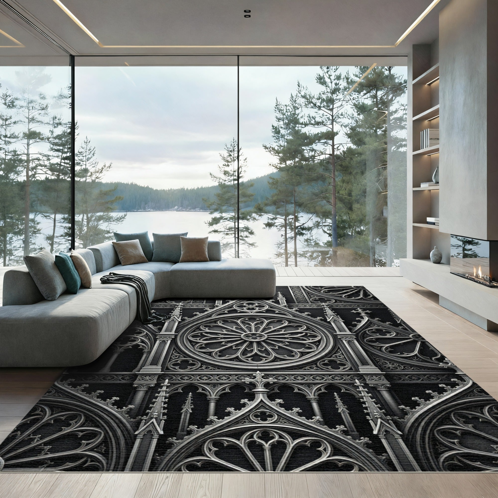 Gothic Black Silver Architectural Medallion Rug