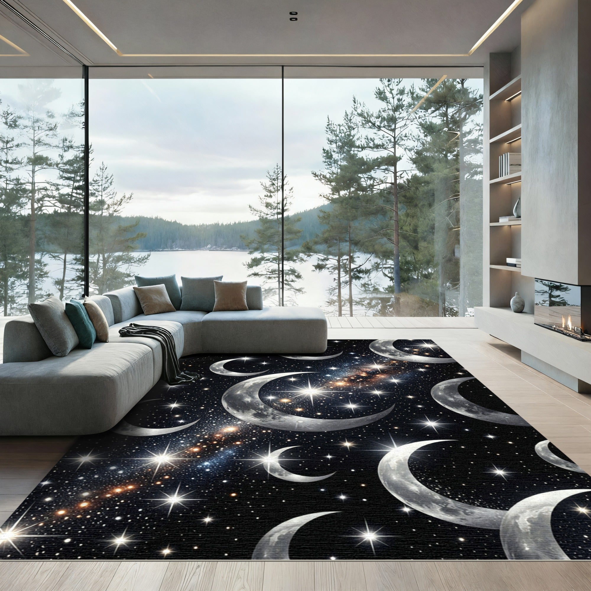 Ethereal Silver Crescent Moon Galaxy Rug