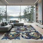Ornate Blue Ribbon Village Scene Rug