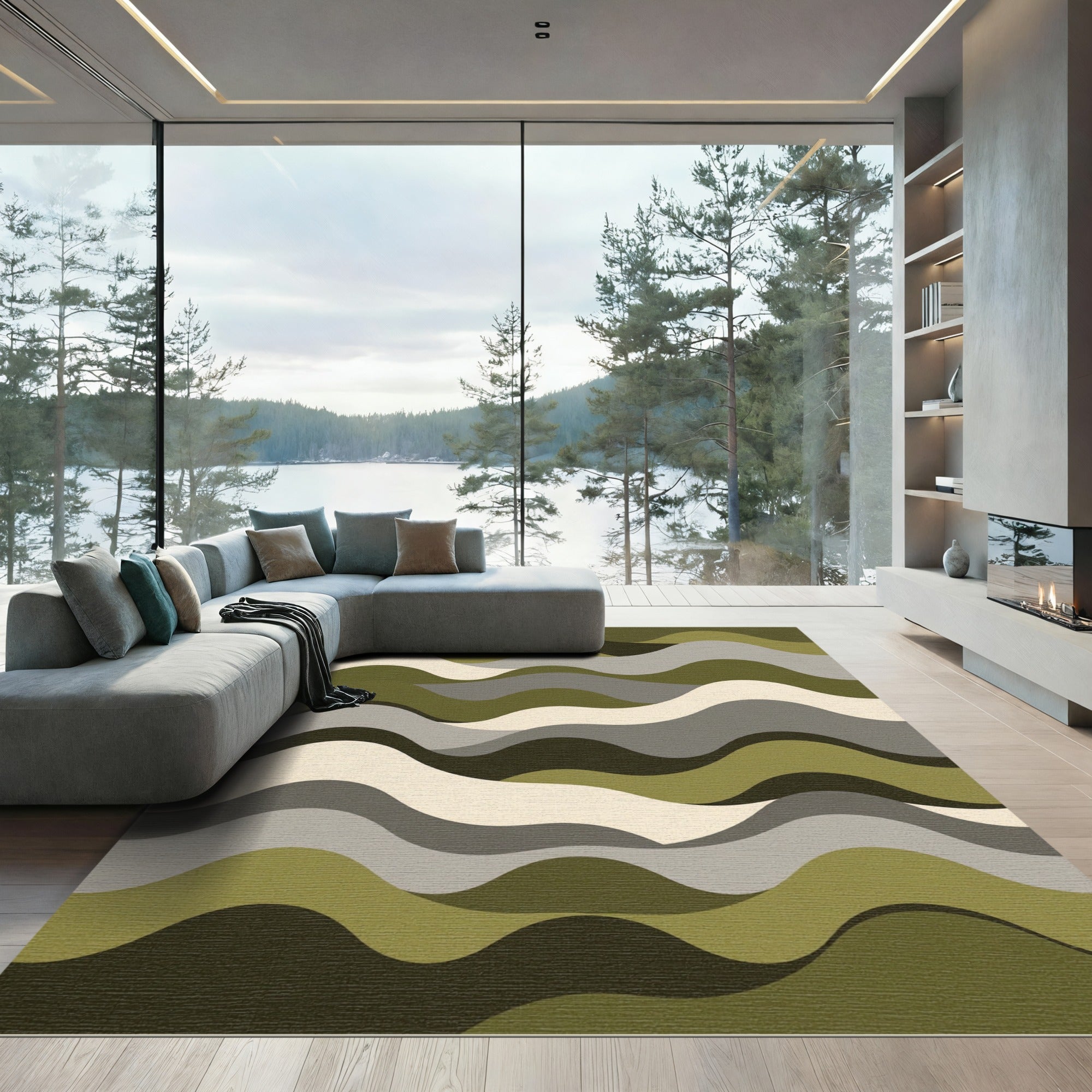 Modern Olive and Gray Wavy Lines Rug