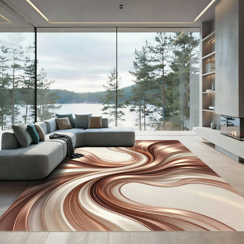 Elegant Copper Cream Swirling Waves Rug