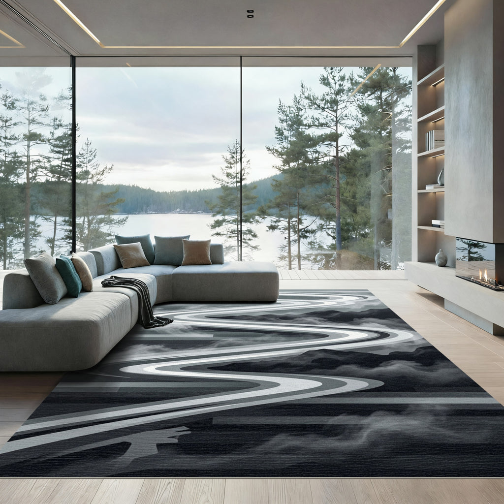 Monochrome Abstract Winding River Serene Landscape Rug