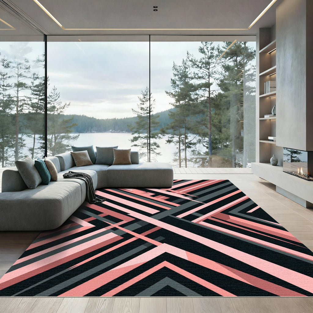 Modern Pink and Charcoal Linear Geometric Rug