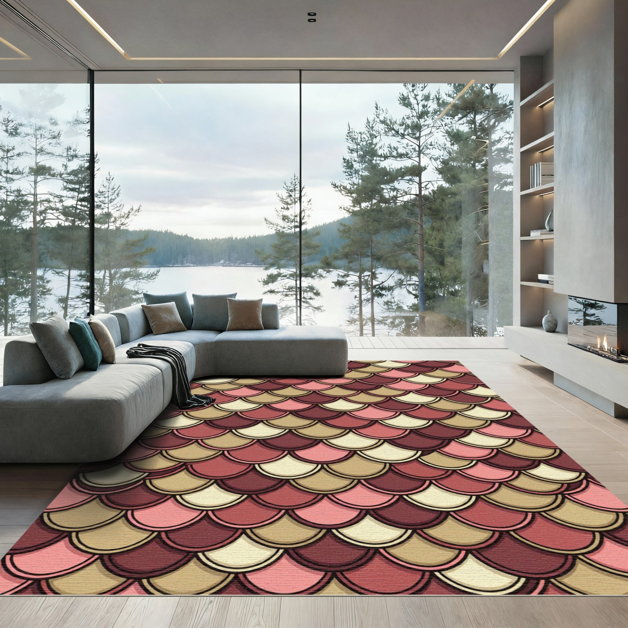 Earthy Rose Gold Scalloped Geometric Rug
