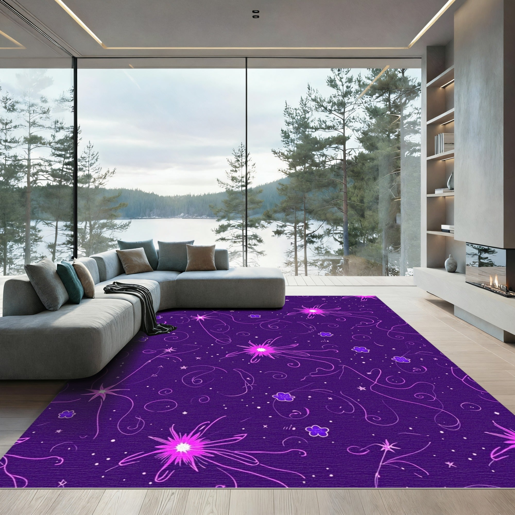 Purple Pink Starburst Floral Swirls Rug