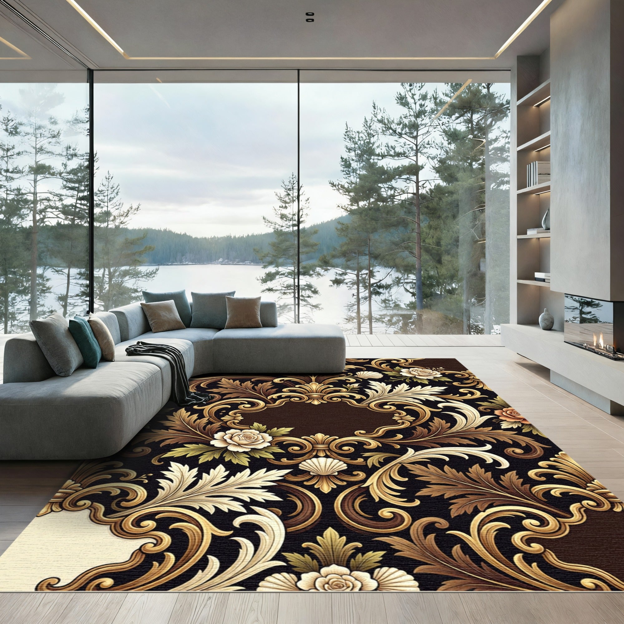 Opulent Gold Baroque Floral Scroll Rug
