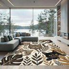Earthy Neutral Cat and Leaf Illustration Rug