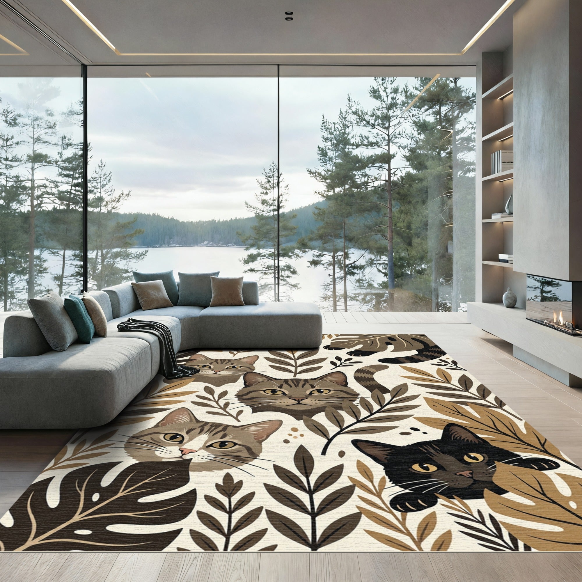 Earthy Neutral Cat and Leaf Illustration Rug